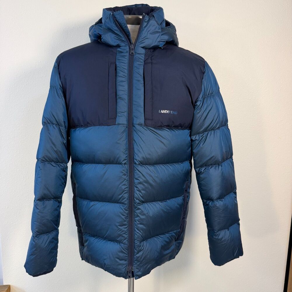 Lands End Mens M 38-40 Hooded Puffer Jacket Blue Insulated Winter Coat